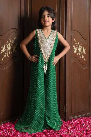 Buy_FAYON KIDS_Green Georgette Bandhej Print Jumpsuit _at_Aza_Fashions