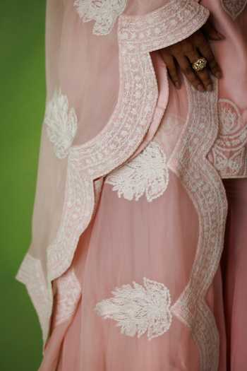 Kisakshi Jaipur_Pink Organza, Chanderi Split V-neck, Yes Embroidered Kurta Sharara Set _Online_at_Aza_Fashions