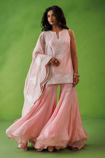 Buy_Kisakshi Jaipur_Pink Organza, Chanderi Split V-neck, Yes Embroidered Kurta Sharara Set _Online_at_Aza_Fashions