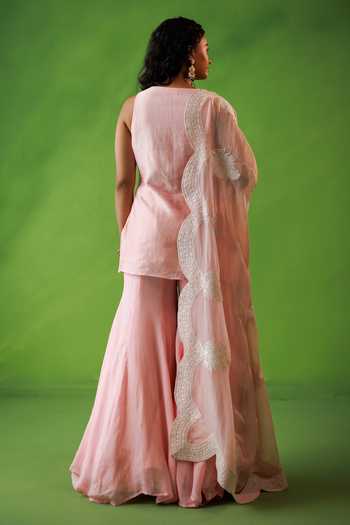 Shop_Kisakshi Jaipur_Pink Organza, Chanderi Split V-neck, Yes Embroidered Kurta Sharara Set _at_Aza_Fashions