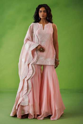 Shop_Kisakshi Jaipur_Pink Organza, Chanderi Split V-neck, Yes Embroidered Kurta Sharara Set _Online_at_Aza_Fashions