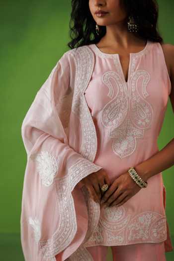 Kisakshi Jaipur_Pink Organza, Chanderi Split V-neck, Yes Embroidered Kurta Sharara Set _at_Aza_Fashions