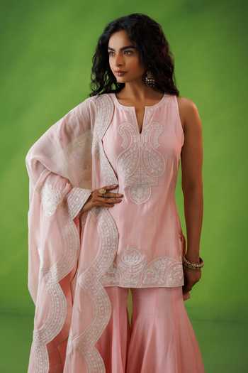 Buy_Kisakshi Jaipur_Pink Organza, Chanderi Split V-neck, Yes Embroidered Kurta Sharara Set 