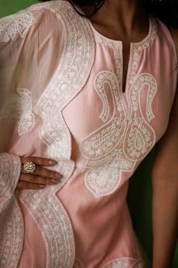 Shop_Kisakshi Jaipur_Pink Organza, Chanderi Split V-neck, Yes Embroidered Kurta Sharara Set 