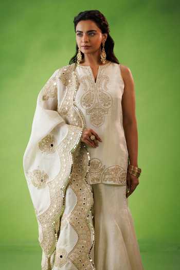 Kisakshi Jaipur_Beige Silk, Tissue Split V-neck Zari Dori Embroidered Kurta And Sharara Set _Online_at_Aza_Fashions