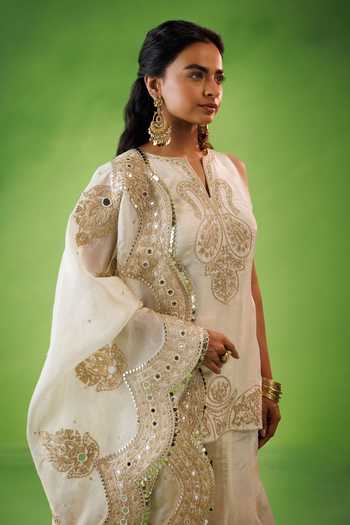 Buy_Kisakshi Jaipur_Beige Silk, Tissue Split V-neck Zari Dori Embroidered Kurta And Sharara Set _Online_at_Aza_Fashions
