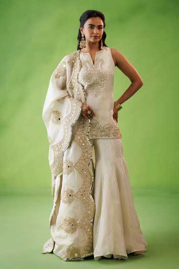 Shop_Kisakshi Jaipur_Beige Silk, Tissue Split V-neck Zari Dori Embroidered Kurta And Sharara Set _Online_at_Aza_Fashions