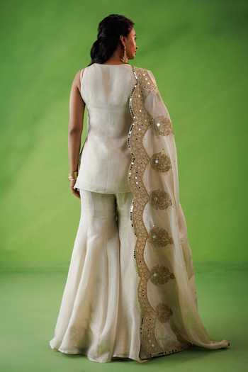 Shop_Kisakshi Jaipur_Beige Silk, Tissue Split V-neck Zari Dori Embroidered Kurta And Sharara Set _at_Aza_Fashions
