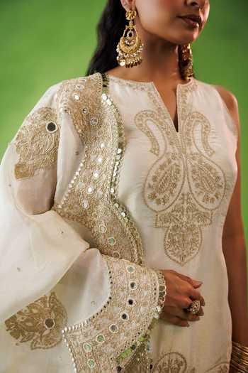 Shop_Kisakshi Jaipur_Beige Silk, Tissue Split V-neck Zari Dori Embroidered Kurta And Sharara Set 
