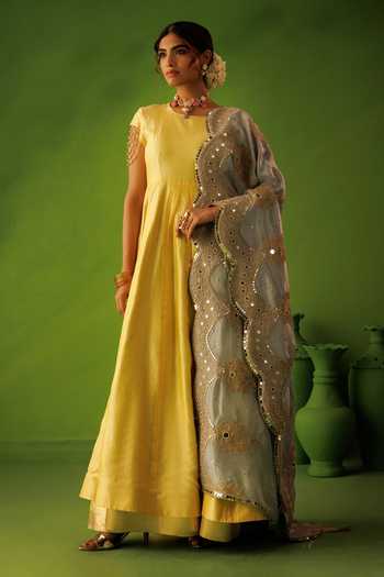 Shop_Kisakshi Jaipur_Blue Silk, Chanderi, Tissue Round Neck Hand Embellished Kurta Set _at_Aza_Fashions