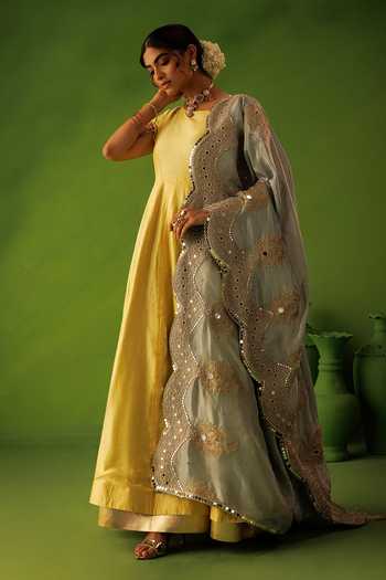 Shop_Kisakshi Jaipur_Blue Silk, Chanderi, Tissue Round Neck Hand Embellished Kurta Set _Online_at_Aza_Fashions