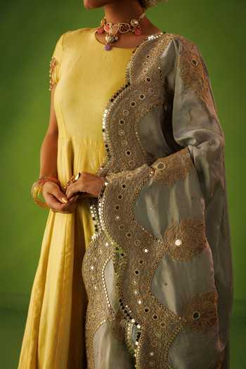 Kisakshi Jaipur_Blue Silk, Chanderi, Tissue Round Neck Hand Embellished Kurta Set _at_Aza_Fashions