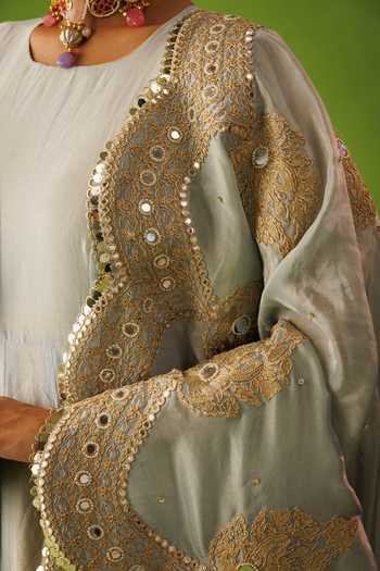Buy_Kisakshi Jaipur_Blue Silk, Chanderi, Tissue Round Neck Hand Embellished Kurta Set 