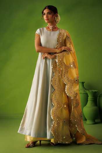 Kisakshi Jaipur_Blue Silk, Chanderi, Tissue Round Neck, Yes Embroidered Anarkali Set _Online_at_Aza_Fashions