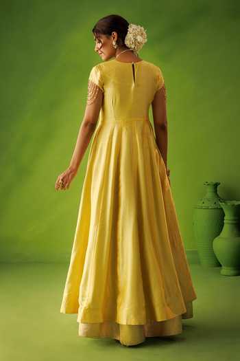 Shop_Kisakshi Jaipur_Blue Silk, Chanderi, Tissue Round Neck, Yes Embroidered Anarkali Set _at_Aza_Fashions