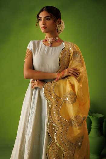 Shop_Kisakshi Jaipur_Blue Silk, Chanderi, Tissue Round Neck, Yes Embroidered Anarkali Set _Online_at_Aza_Fashions