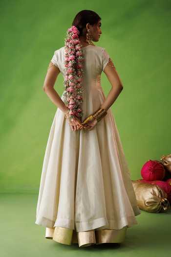 Shop_Kisakshi Jaipur_Beige Silk, Tissue Round Neck Kurta And Contrast Dupatta Set _at_Aza_Fashions