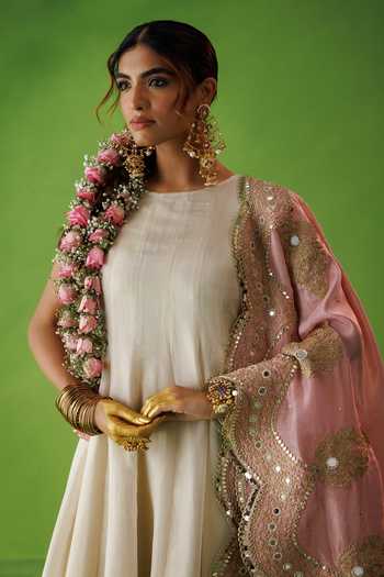Shop_Kisakshi Jaipur_Beige Silk, Tissue Round Neck Kurta And Contrast Dupatta Set _Online_at_Aza_Fashions