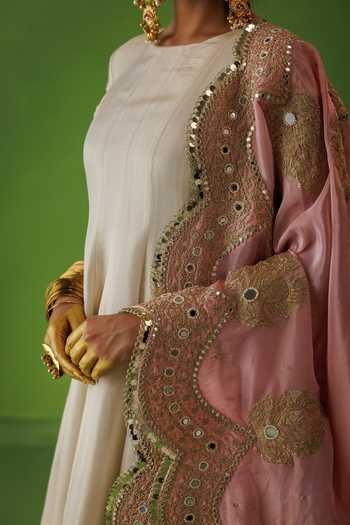 Kisakshi Jaipur_Beige Silk, Tissue Round Neck Kurta And Contrast Dupatta Set _at_Aza_Fashions