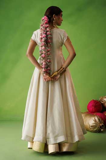 Shop_Kisakshi Jaipur_Beige Silk, Tissue Round Neck, Yes Kurta And Contrast Dupatta Set _at_Aza_Fashions