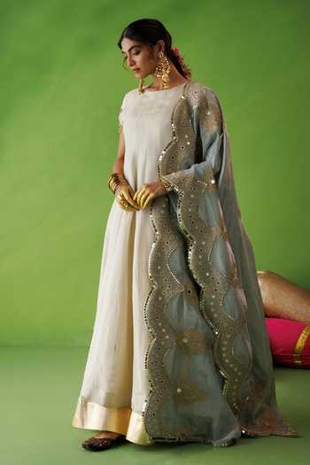 Shop_Kisakshi Jaipur_Beige Silk, Tissue Round Neck Embroidered Dupatta And Kurta Set _Online_at_Aza_Fashions