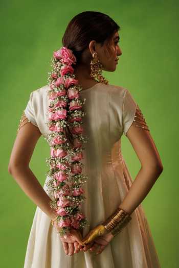 Shop_Kisakshi Jaipur_Beige Silk, Tissue Round Neck Embroidered Dupatta And Kurta Set _at_Aza_Fashions
