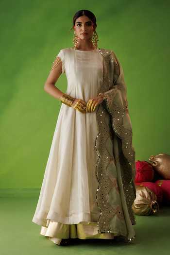 Buy_Kisakshi Jaipur_Beige Silk, Tissue Round Neck Anarkali And Dupatta Set _at_Aza_Fashions