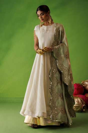 Kisakshi Jaipur_Beige Silk, Tissue Round Neck Anarkali And Dupatta Set _Online_at_Aza_Fashions
