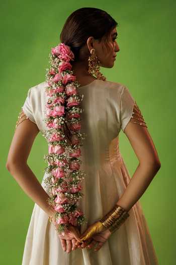 Shop_Kisakshi Jaipur_Beige Silk, Tissue Round Neck Anarkali And Dupatta Set _at_Aza_Fashions