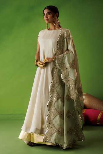 Buy_Kisakshi Jaipur_Beige Silk, Tissue Round Neck Anarkali And Dupatta Set _Online_at_Aza_Fashions