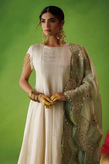 Shop_Kisakshi Jaipur_Beige Silk, Tissue Round Neck Anarkali And Dupatta Set _Online_at_Aza_Fashions