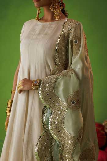 Kisakshi Jaipur_Beige Silk, Tissue Round Neck Anarkali And Dupatta Set _at_Aza_Fashions