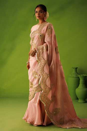 Kisakshi Jaipur_Pink Silk, Tissue Round Neck Mirror Embroidered Saree And Blouse Set _Online_at_Aza_Fashions