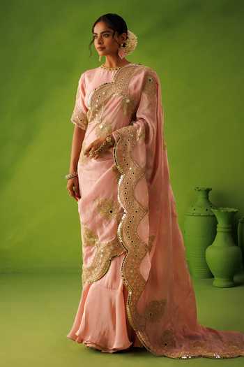 Buy_Kisakshi Jaipur_Pink Silk, Tissue Round Neck Mirror Embroidered Saree And Blouse Set _Online_at_Aza_Fashions