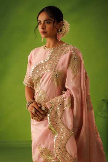 Shop_Kisakshi Jaipur_Pink Silk, Tissue Round Neck Mirror Embroidered Saree And Blouse Set _Online_at_Aza_Fashions