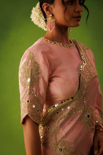 Kisakshi Jaipur_Pink Silk, Tissue Round Neck Mirror Embroidered Saree And Blouse Set _at_Aza_Fashions