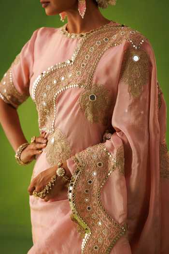 Shop_Kisakshi Jaipur_Pink Silk, Tissue Round Neck Mirror Embroidered Saree And Blouse Set 
