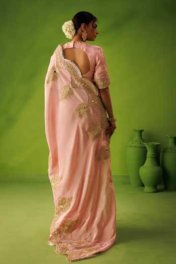Shop_Kisakshi Jaipur_Pink Silk, Tissue Round Neck Mirror Embroidered Saree And Blouse Set _at_Aza_Fashions