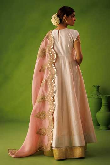 Shop_Kisakshi Jaipur_Pink Silk, Chanderi, Tissue Round Neck, Yes Zari Embridered Dupatta And Kurta Set _at_Aza_Fashions