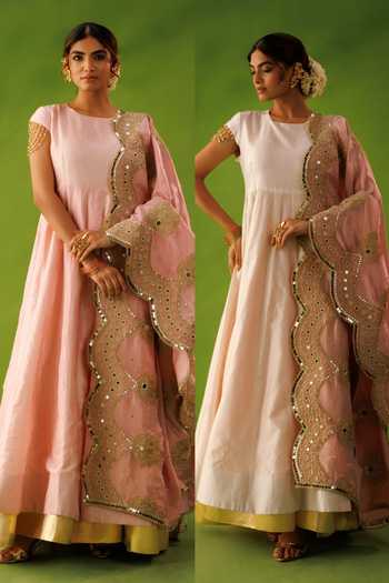 Kisakshi Jaipur_Pink Silk, Chanderi, Tissue Round Neck, Yes Zari Embridered Dupatta And Kurta Set _Online_at_Aza_Fashions