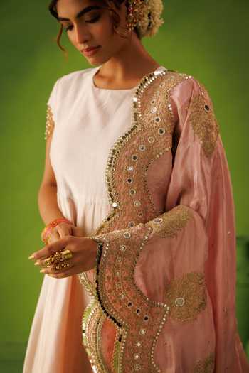 Shop_Kisakshi Jaipur_Pink Silk, Chanderi, Tissue Round Neck, Yes Zari Embridered Dupatta And Kurta Set _Online_at_Aza_Fashions