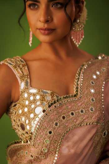 Kisakshi Jaipur_Pink Silk, Tissue Sweetheart Neck Hand Embroidered Mirrorwork Saree Set _Online_at_Aza_Fashions