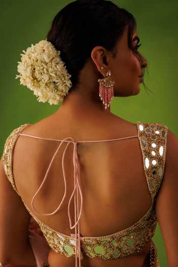 Shop_Kisakshi Jaipur_Pink Silk, Tissue Sweetheart Neck Hand Embroidered Mirrorwork Saree Set _at_Aza_Fashions