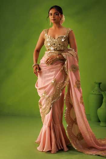 Shop_Kisakshi Jaipur_Pink Silk, Tissue Sweetheart Neck Hand Embroidered Mirrorwork Saree Set _Online_at_Aza_Fashions