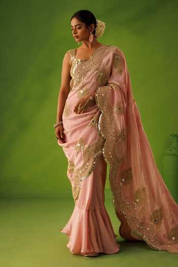 Kisakshi Jaipur_Pink Silk, Tissue Sweetheart Neck Hand Embroidered Mirrorwork Saree Set _at_Aza_Fashions