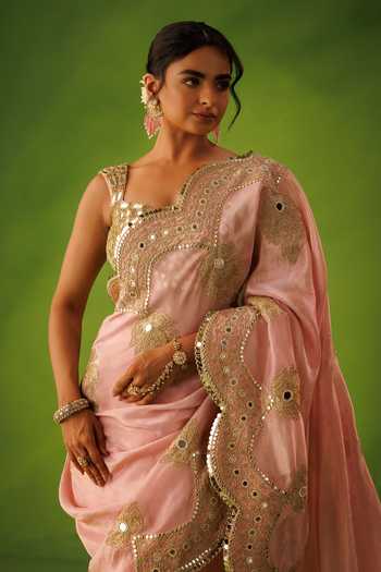 Buy_Kisakshi Jaipur_Pink Silk, Tissue Sweetheart Neck Hand Embroidered Mirrorwork Saree Set 