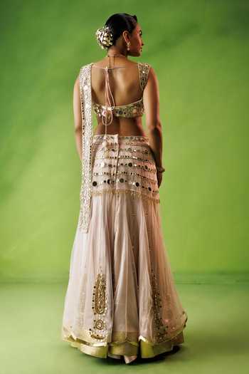 Shop_Kisakshi Jaipur_Pink Chanderi, Net Sweetheart Neck Mirror Embroidered Pre-draped Saree Set _at_Aza_Fashions