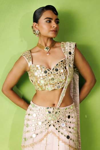 Buy_Kisakshi Jaipur_Pink Chanderi, Net Sweetheart Neck Mirror Embroidered Pre-draped Saree Set _Online_at_Aza_Fashions