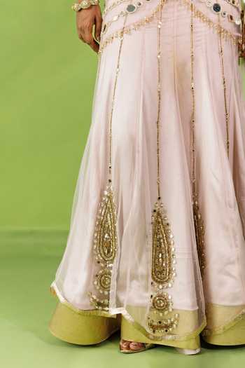 Kisakshi Jaipur_Pink Chanderi, Net Sweetheart Neck Mirror Embroidered Pre-draped Saree Set _at_Aza_Fashions