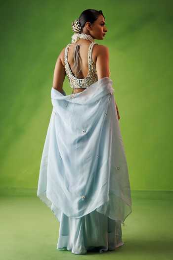 Shop_Kisakshi Jaipur_Blue Organza, Crepe Scoop Neck Cape And Draped Skirt Set _at_Aza_Fashions
